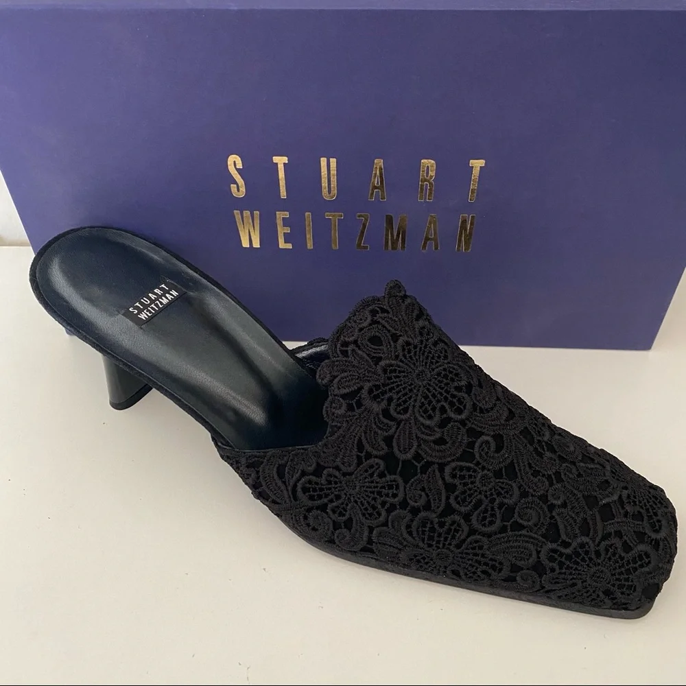 Stuart Weitzman Black Lace lingerie Square Toe Kitten Heeled Mules Size 10